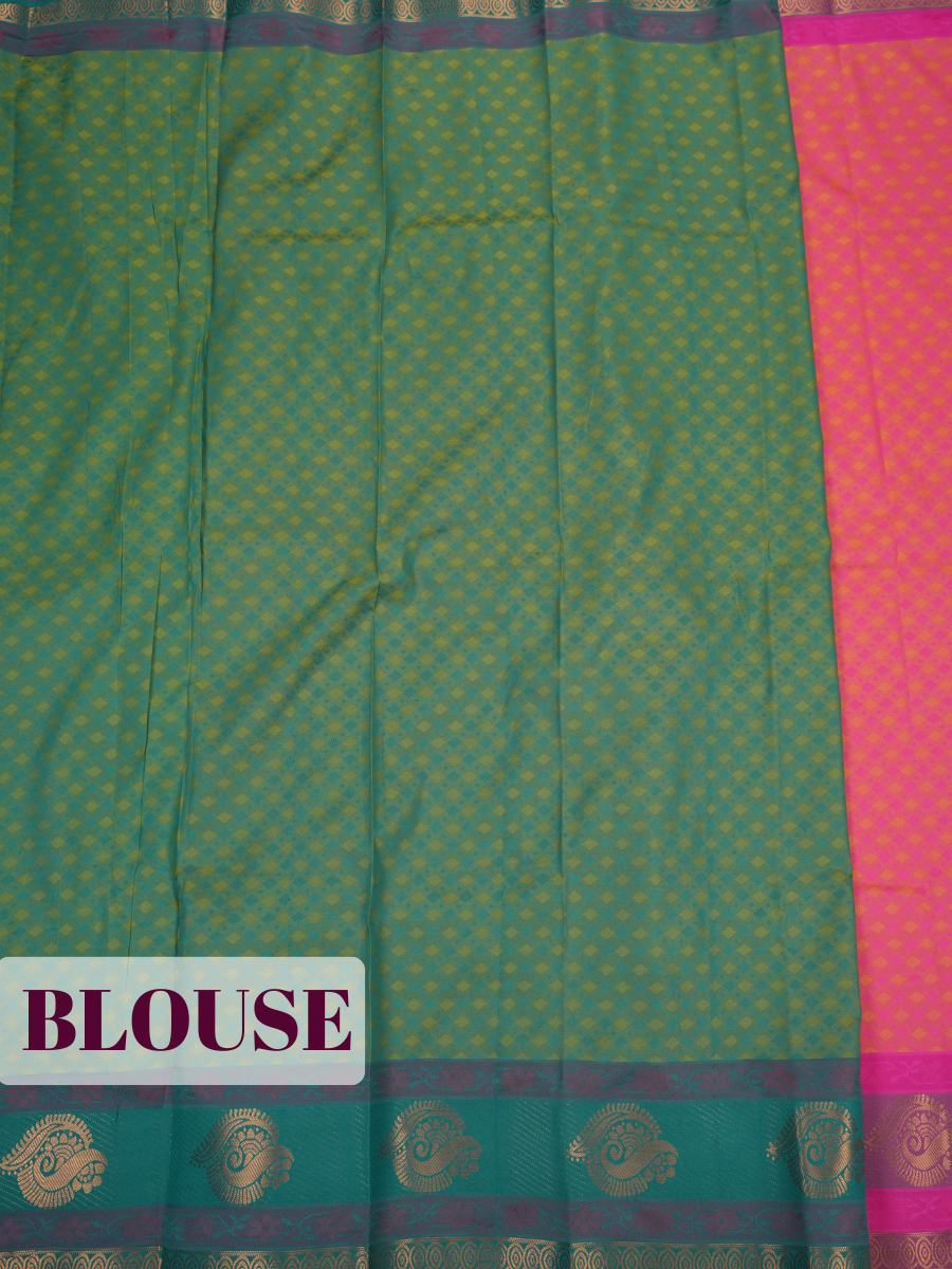 Fuchsia Pink Bangalore Silk Saree with Emerald Green Pallu and Antique Gold Zari