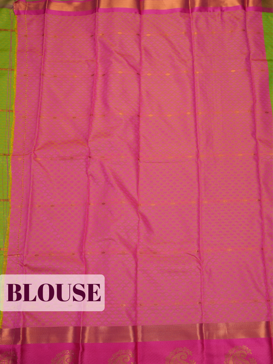 Leaf Green Bangalore Silk Saree with Rani Pink Pallu and Gold Paisley Zari