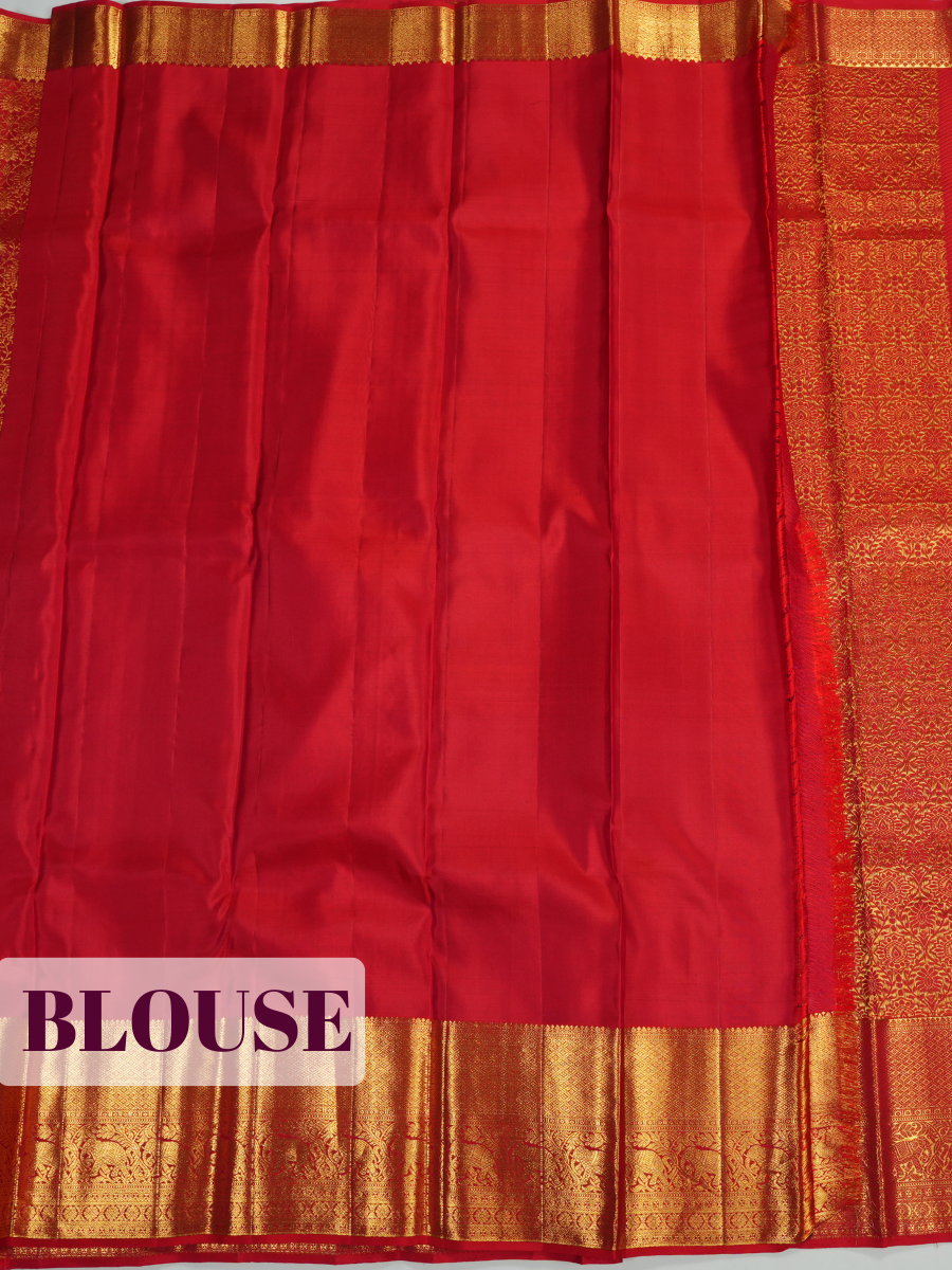 Red Kanchipuram Saree with Peacock and Floral Vine Zari Border