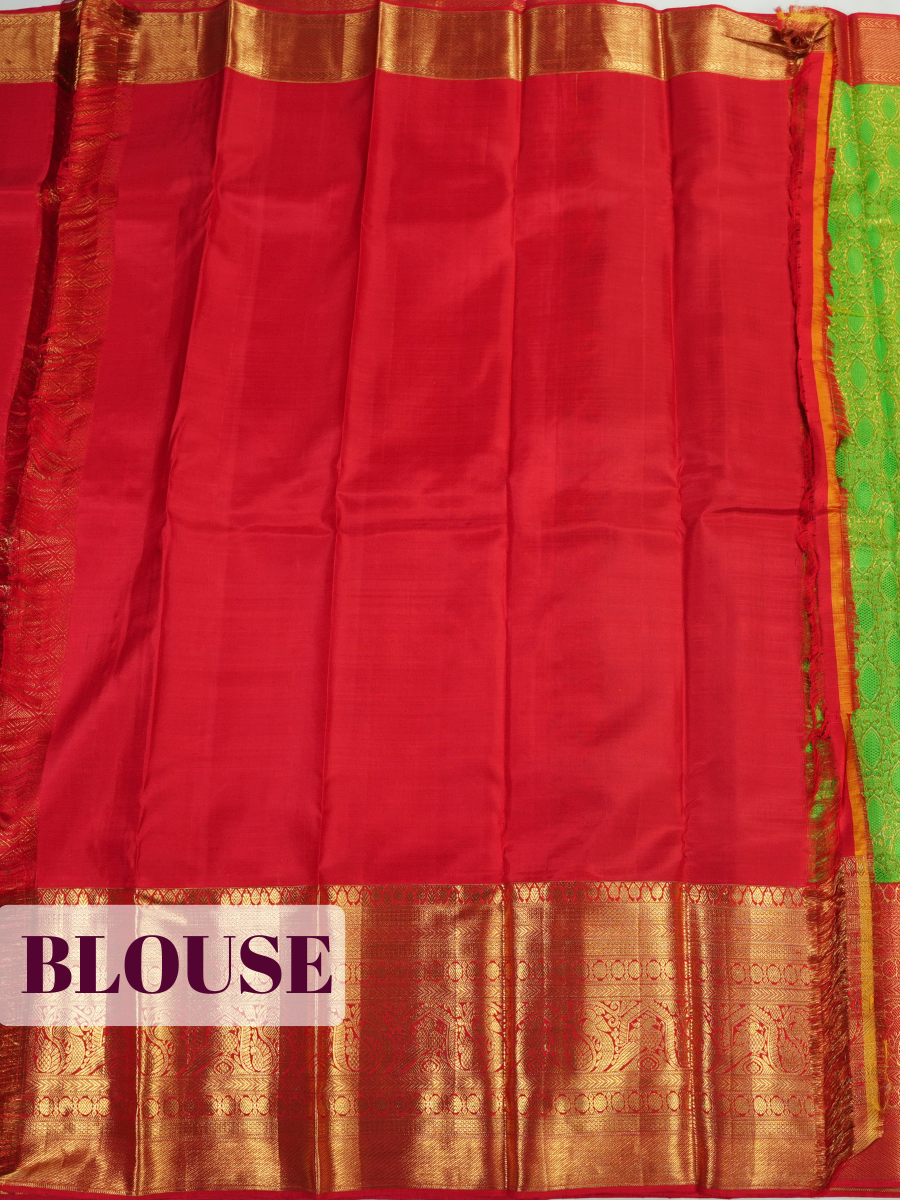 Parrot Green Kanchipuram Saree with Peacock Paisley Zari Border