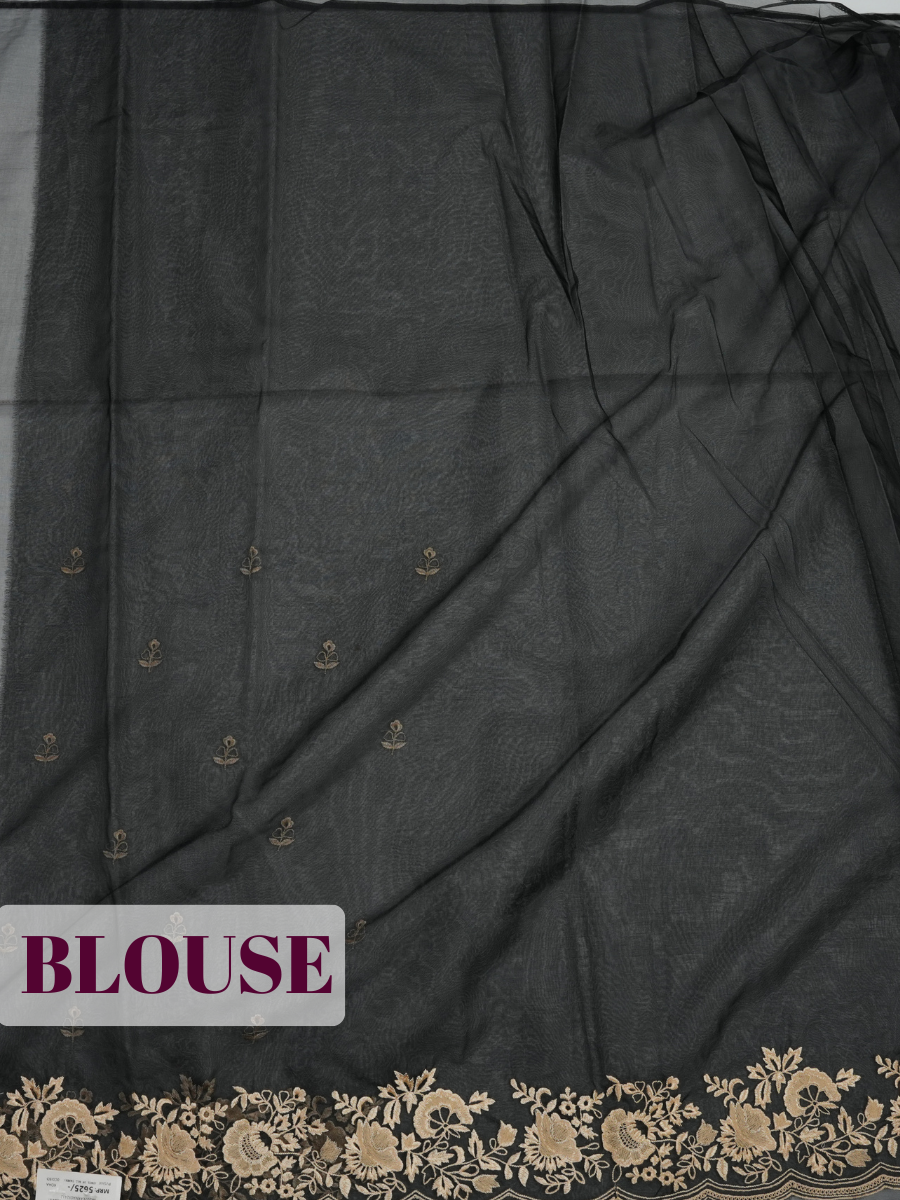 Black Organza Saree with Floral Embroidered Wavy Border