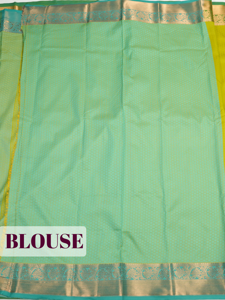 Lime Green Bangalore Semi Silk Saree with Jacquard Floral Zari Border
