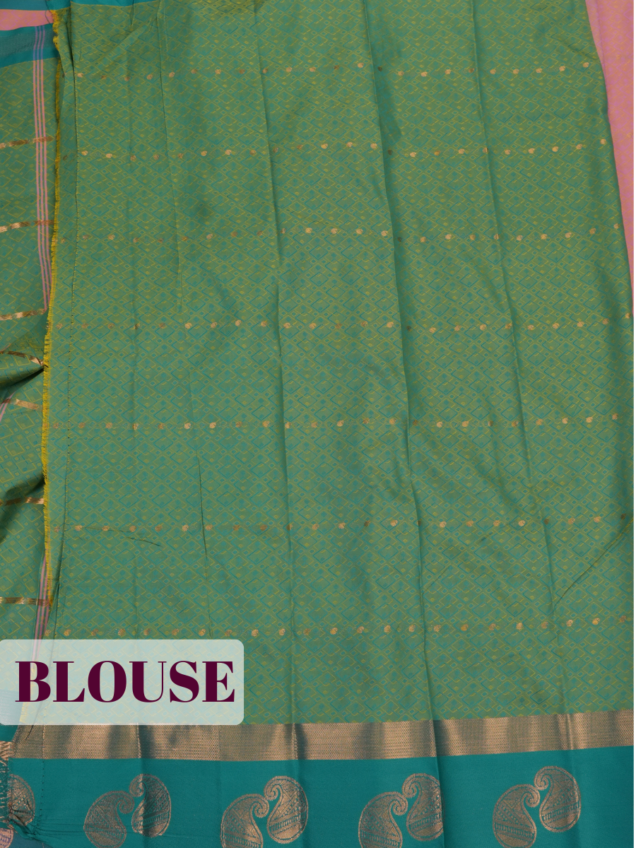 Pink Silk Saree with Geometric Woven Pattern and Paisley Pallu