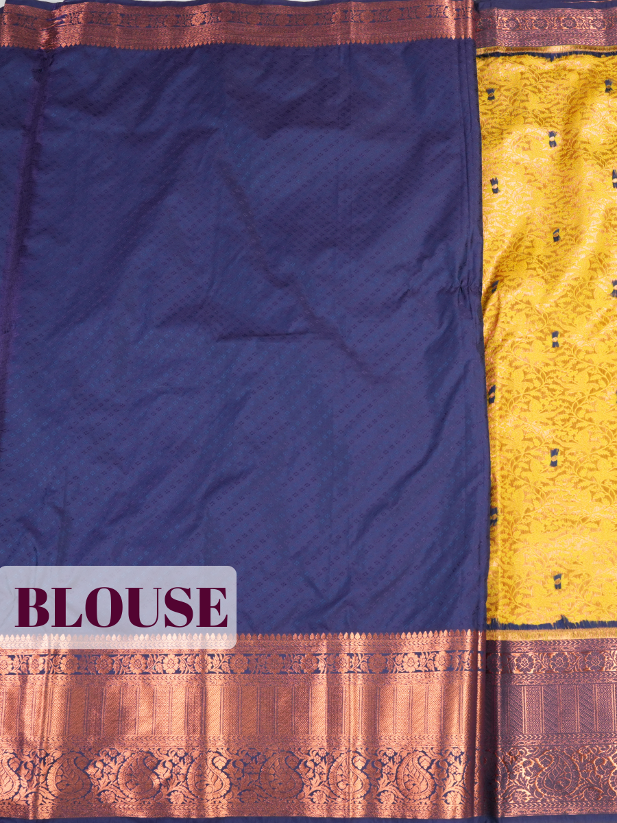 Mustard Yellow Semi Kanjivaram Silk Saree with Kanchipuram Temple Border
