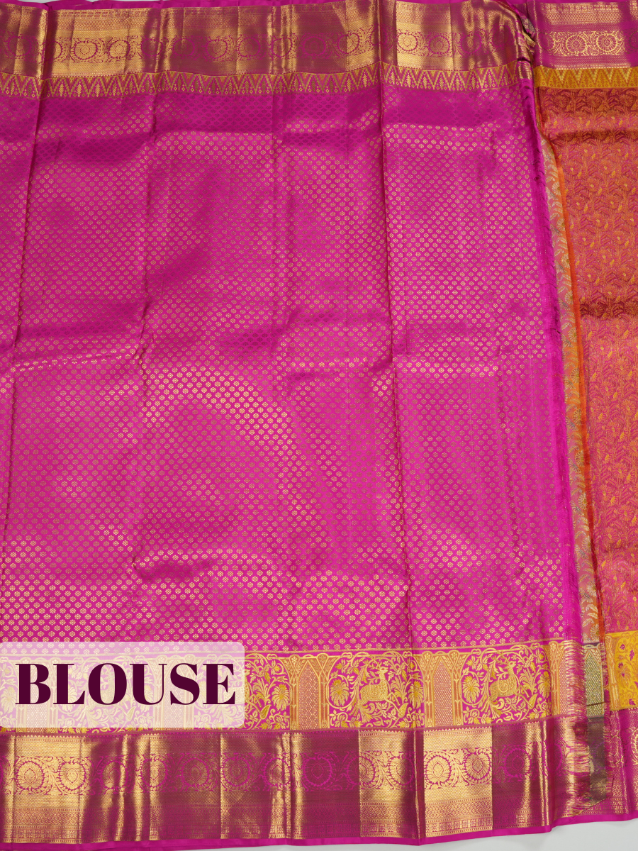 Yellow Kanchipuram Saree with Peacock and Temple-Arch Zari Border