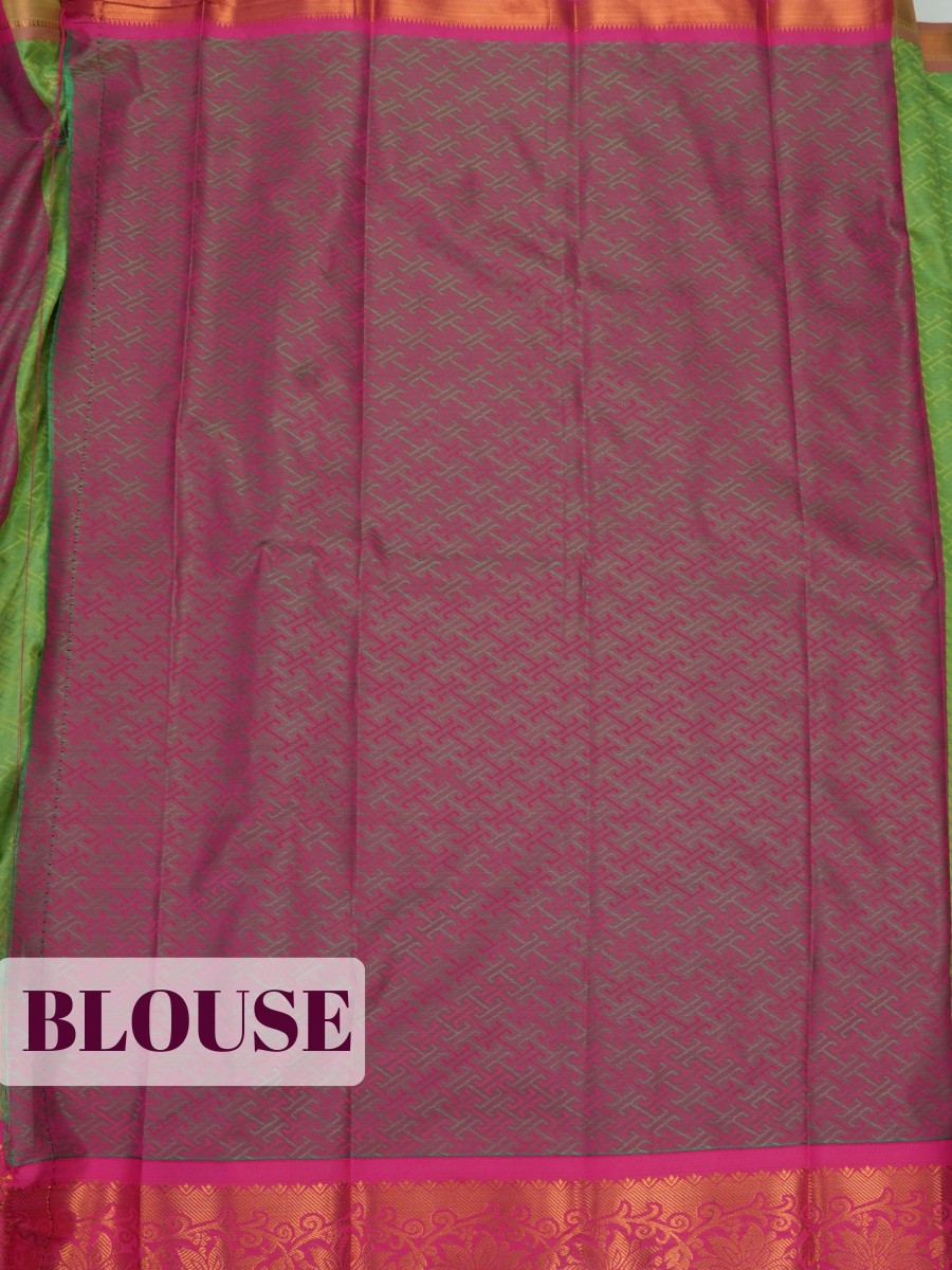 Green Bangalore Silk Saree with Intricate Gold Geometric Weave and Magenta Zari Border