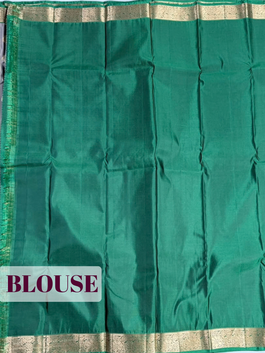 Grey Arni Silk Saree with Green Zari Border