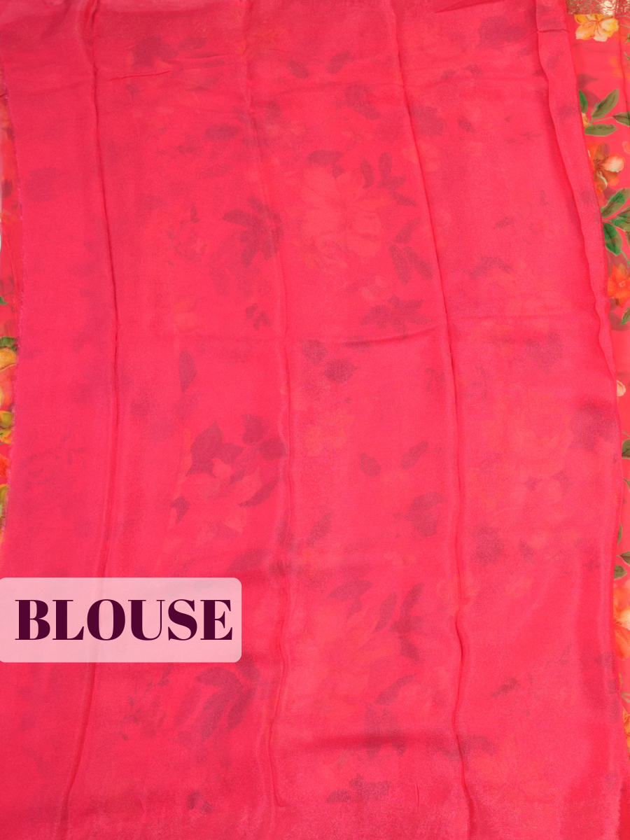 Rani Pink Semi Chiffon Saree with Traditional Floral Border