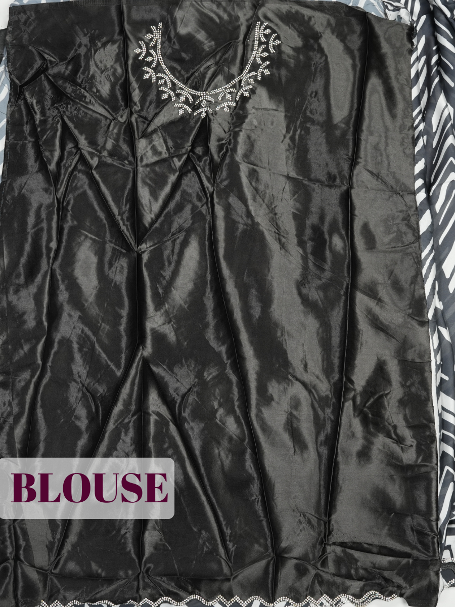 Black Satin Fancy Saree with Abstract Zebra and Wave Stripe Print