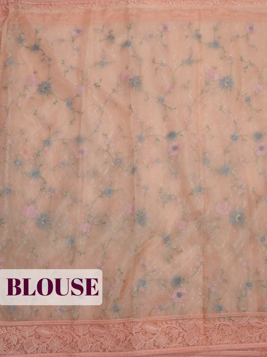 Pink Organza Saree with Embroidered Floral Lace Mesh Border