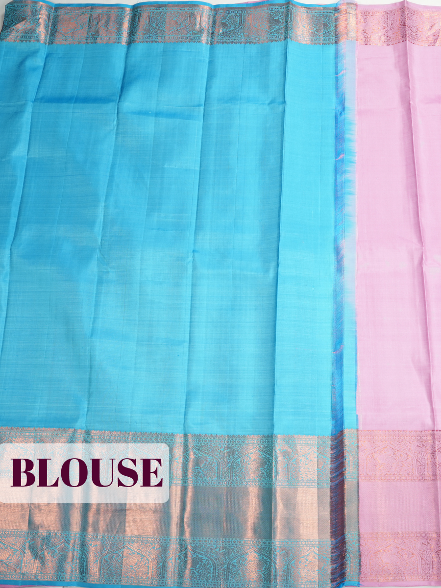 Pink Pure Kanjivaram Silk Saree with A copper-zari peacock and arch brocade border