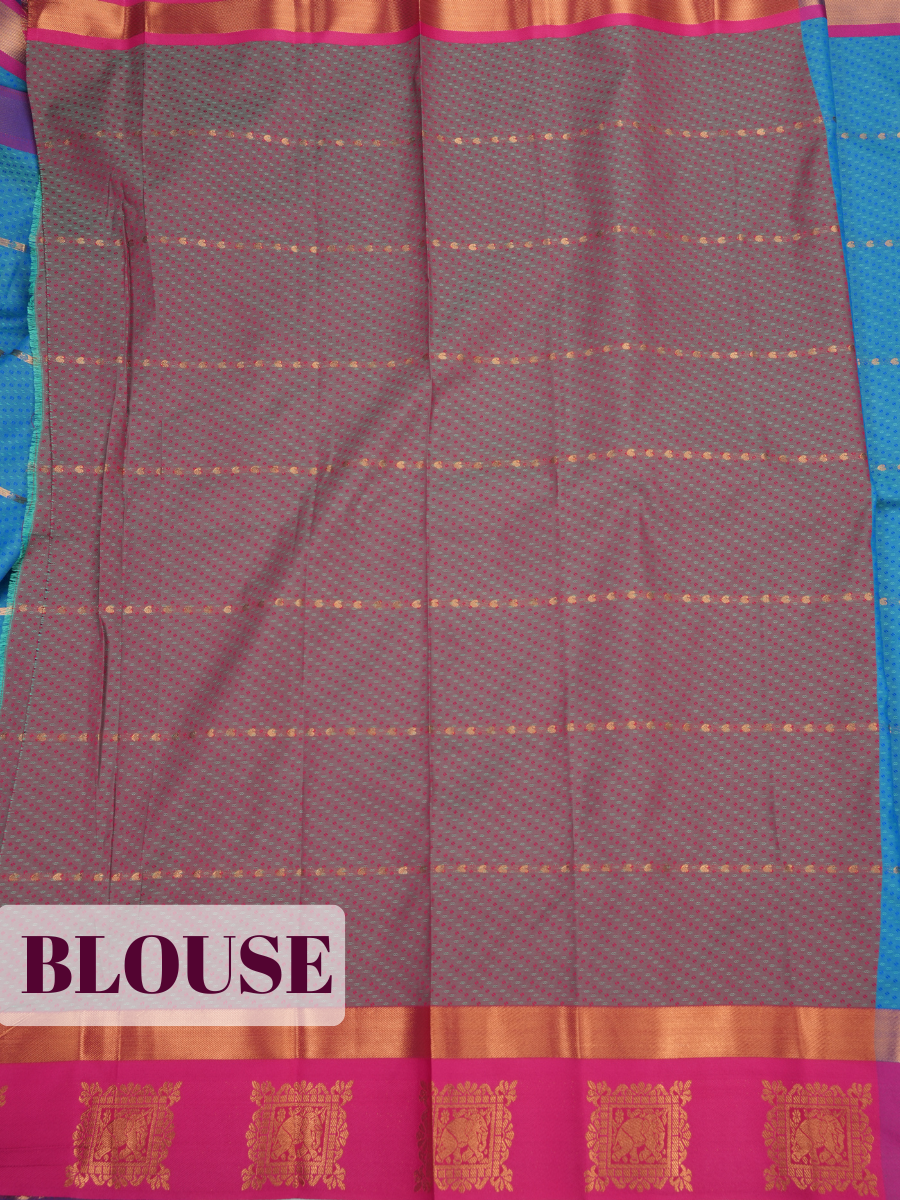 Turquoise Blue Bangalore Silk Saree with Wine Pallu and Antique Zari Temple Border