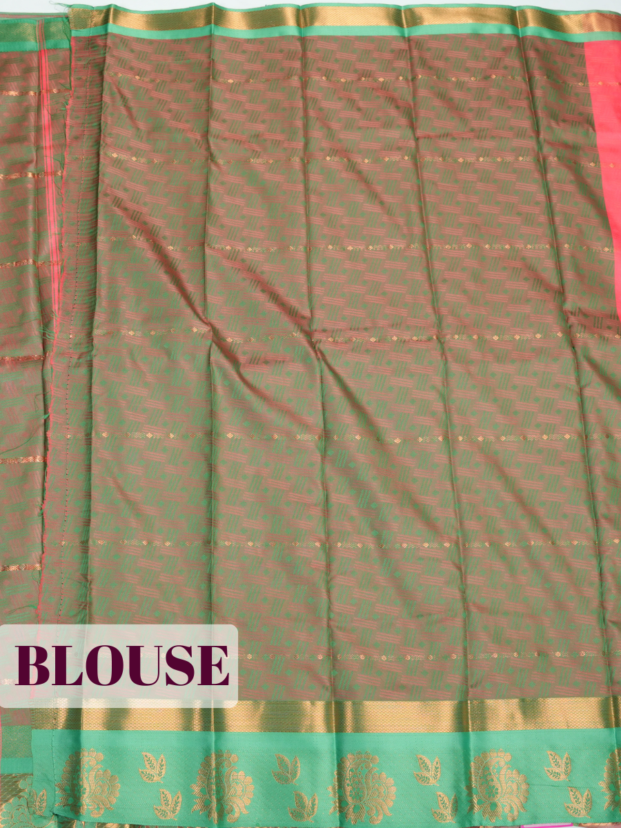 Coral Pink Bangalore Semi Silk Saree with Leaf Motif Zari Border