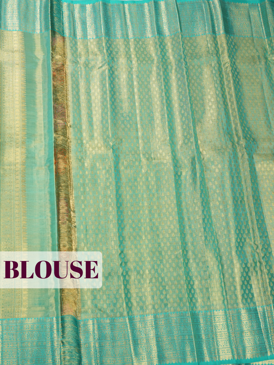 Teal Blue Pure Kanjivaram Tissue Saree with Floral Motif and Circular Vine Border