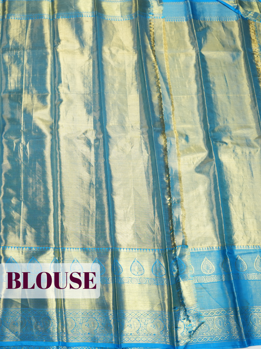 Blue Pure Kanchipuram Tissue silk Saree with Floral Geometric Zari Border