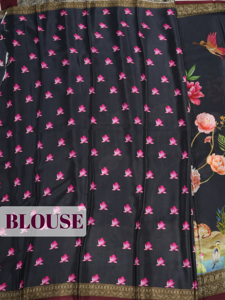 Black Pure Chiffon Saree with Traditional Border Design