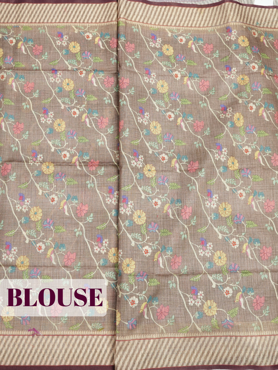 Mocha Brown Semi Tussar Saree with Traditional Kalamkari floral with stripe