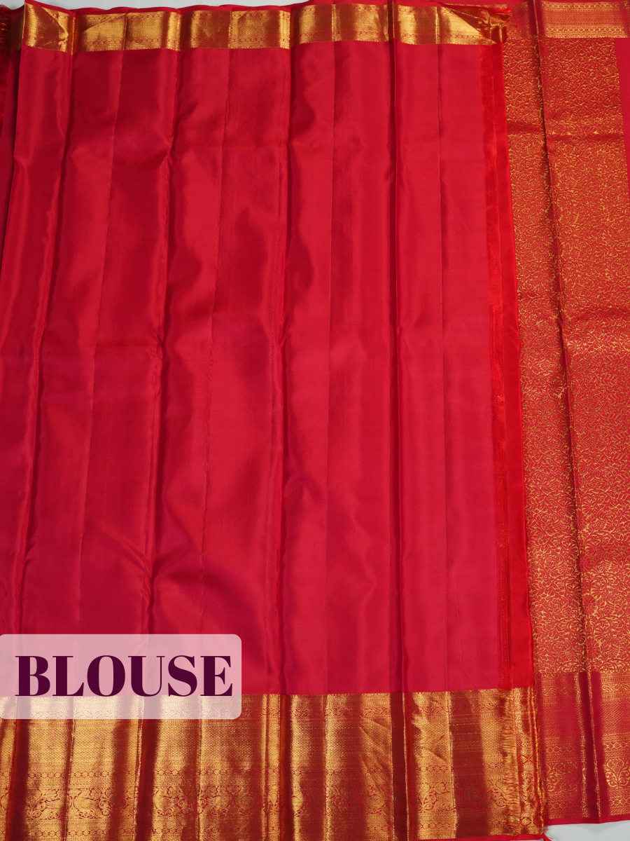 Red Kanchipuram Saree with Paisley and Floral Vine Zari Border