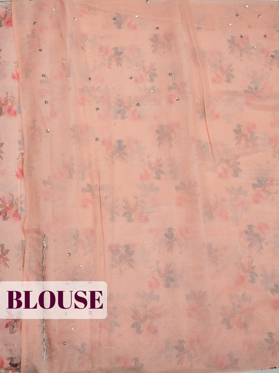 Baby Pink Organza Saree with Floral Print and Cutwork Border