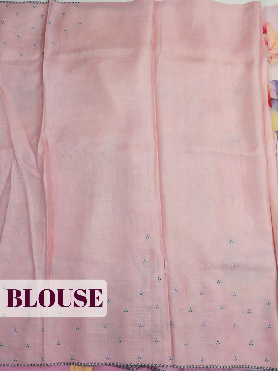Baby Pink Organza Saree with Floral Print and Picot Trim