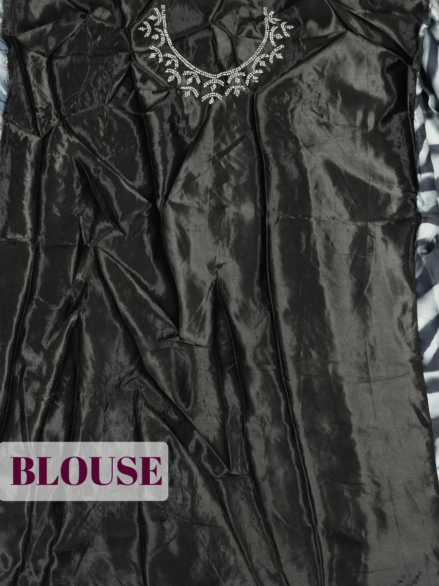 Black Satin Fancy Saree with Abstract Ripple and White Blossom Print
