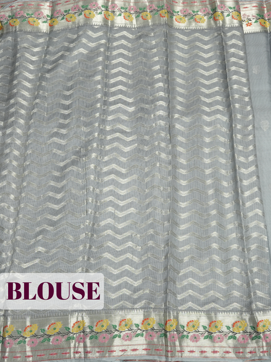 Grey Kota Zari Saree with Floral Meenakari Leaf Border