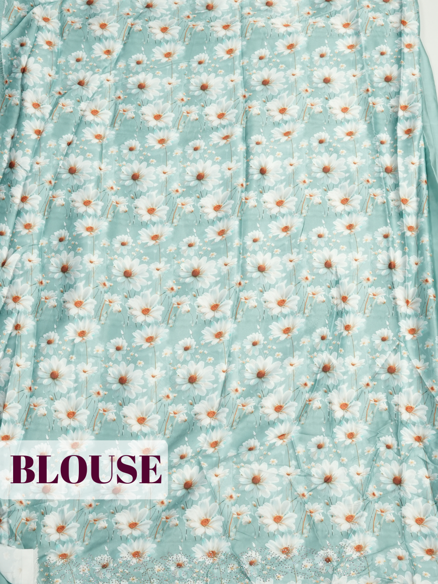 Sea Green Satin Fancy Saree with Stone-Studded Border Design