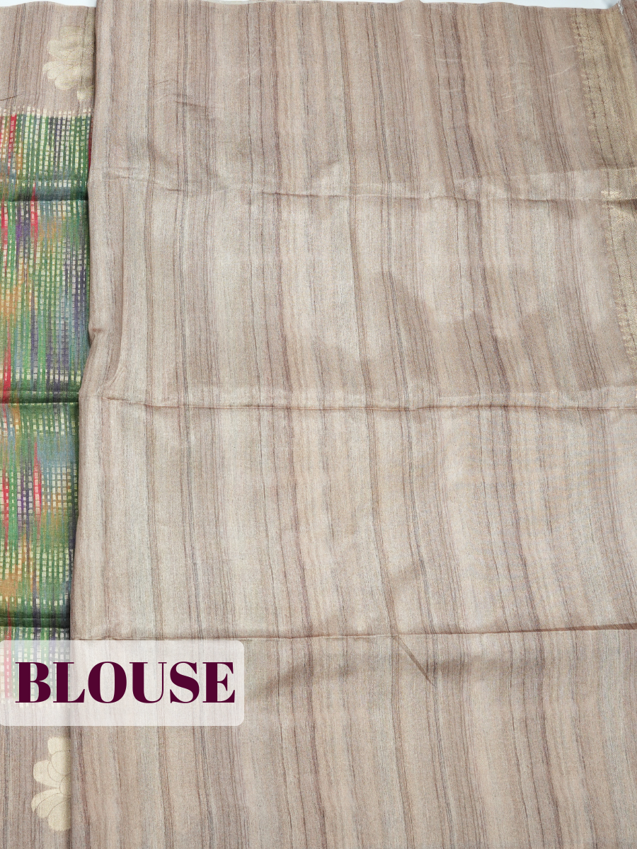 Green Semi Tussar Saree with Muted Taupe Floral Zari