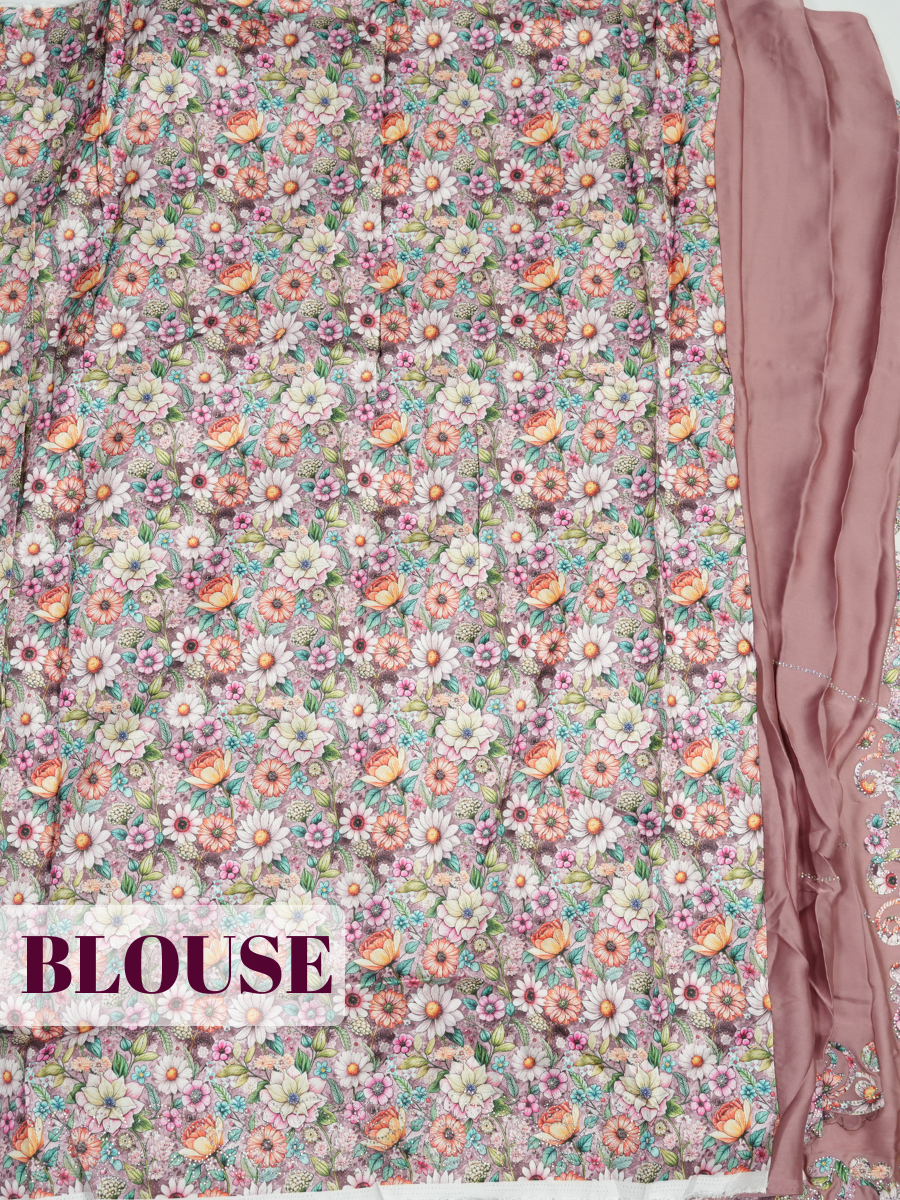 Rosewood Pink Satin Fancy Saree with Half-and-Half Floral Cutwork Border