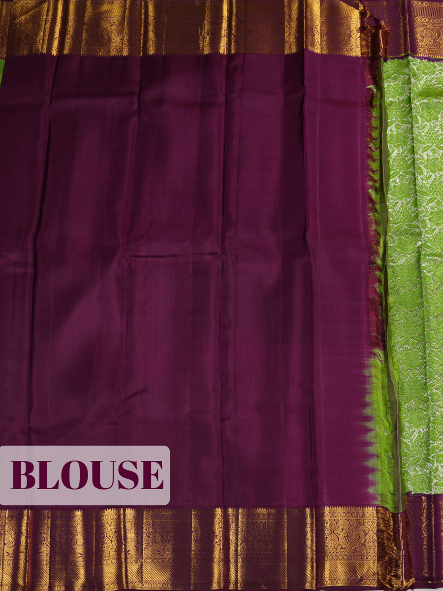 Parrot Green Kanchipuram Saree with Temple Zari Border
