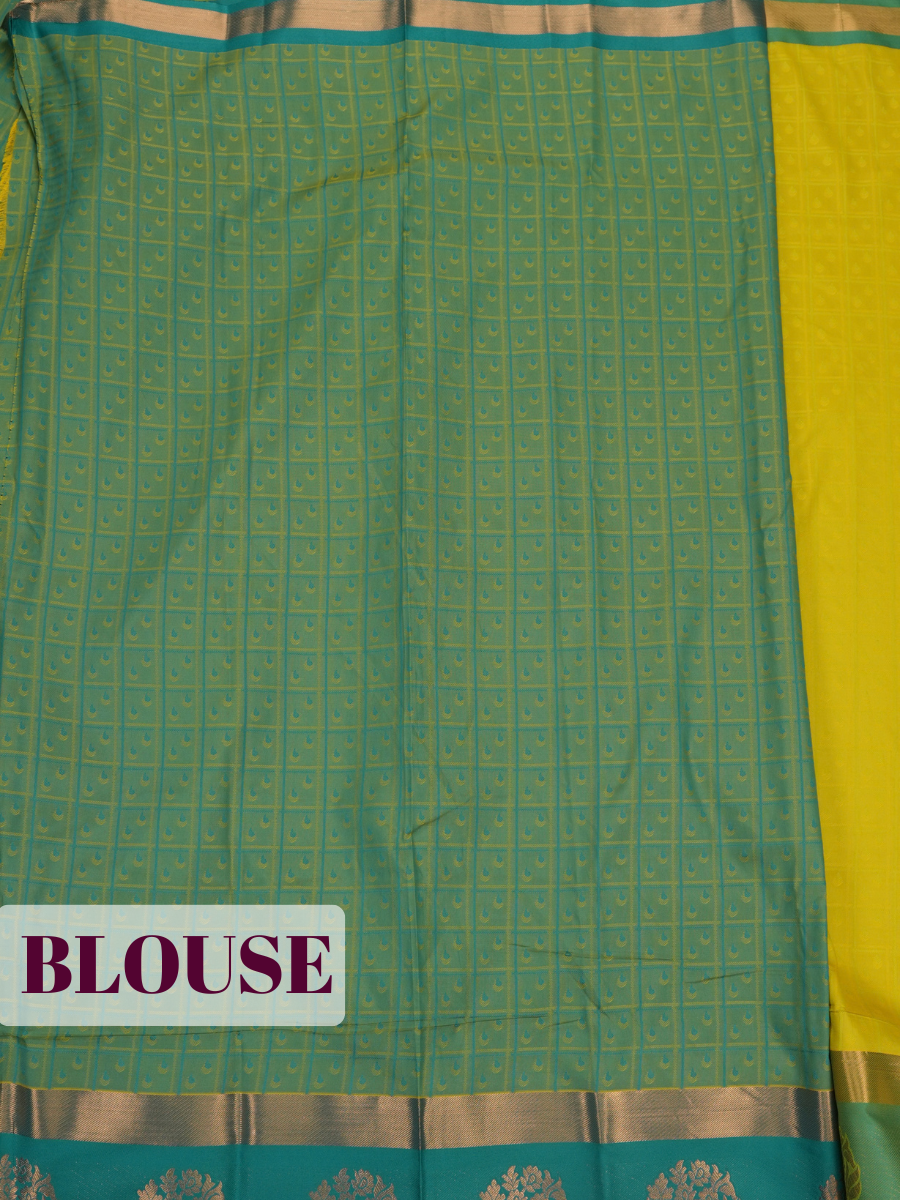 Mustard Yellow Bangalore Silk Saree with Teal Green Pallu and Gold Floral Zari