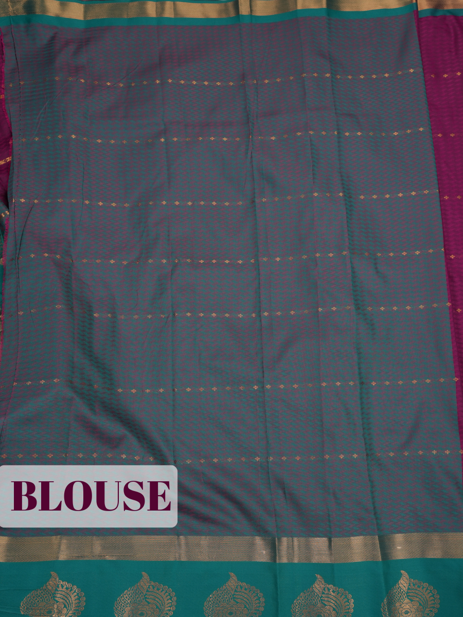 Deep Magenta Bangalore Silk Saree with Teal Grey Pallu and Ornate Zari Motifs