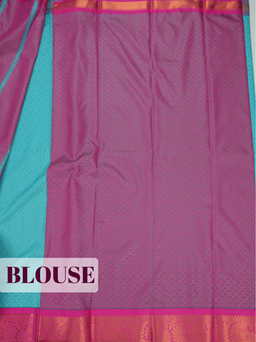 Turquoise Blue Bangalore Silk Saree with Magenta Brocade Pallu and Zari Border