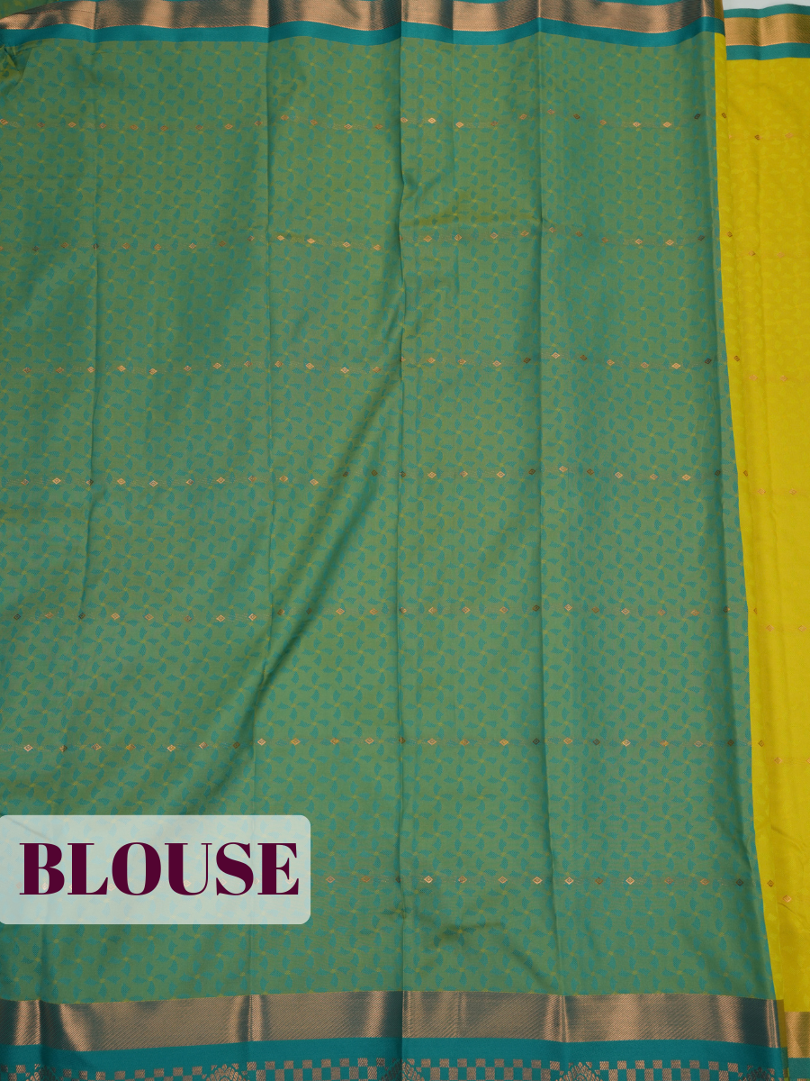 Golden Yellow Bangalore Silk Saree with Teal Green Checked Pallu and Peacock Motif Border
