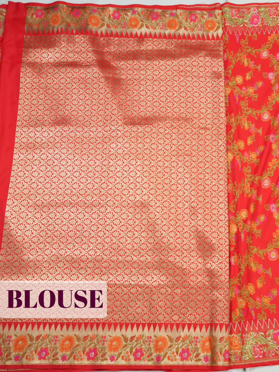 Red Banarasi Silk Saree with Multicolour Floral Jaal