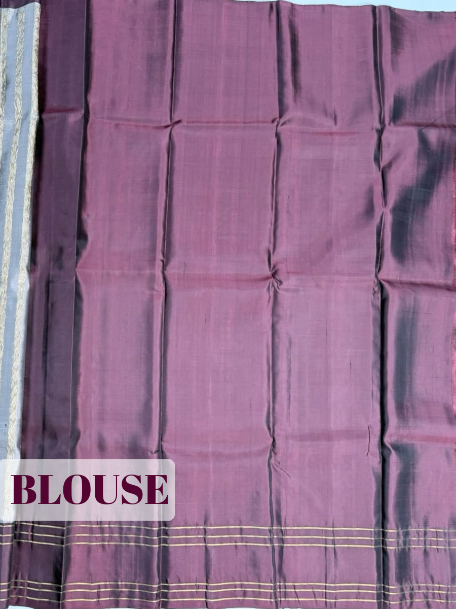 Grey Cotton Saree with Wine Contrast Geometric Zari Border