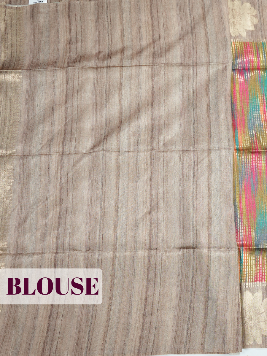 Multi color Semi Tussar Saree with Wide solid woven panel zari with flower