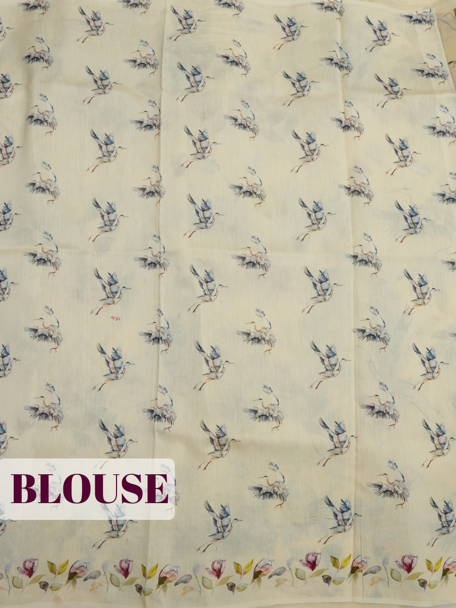 Cream Organza Saree with Bird and Botanical Print