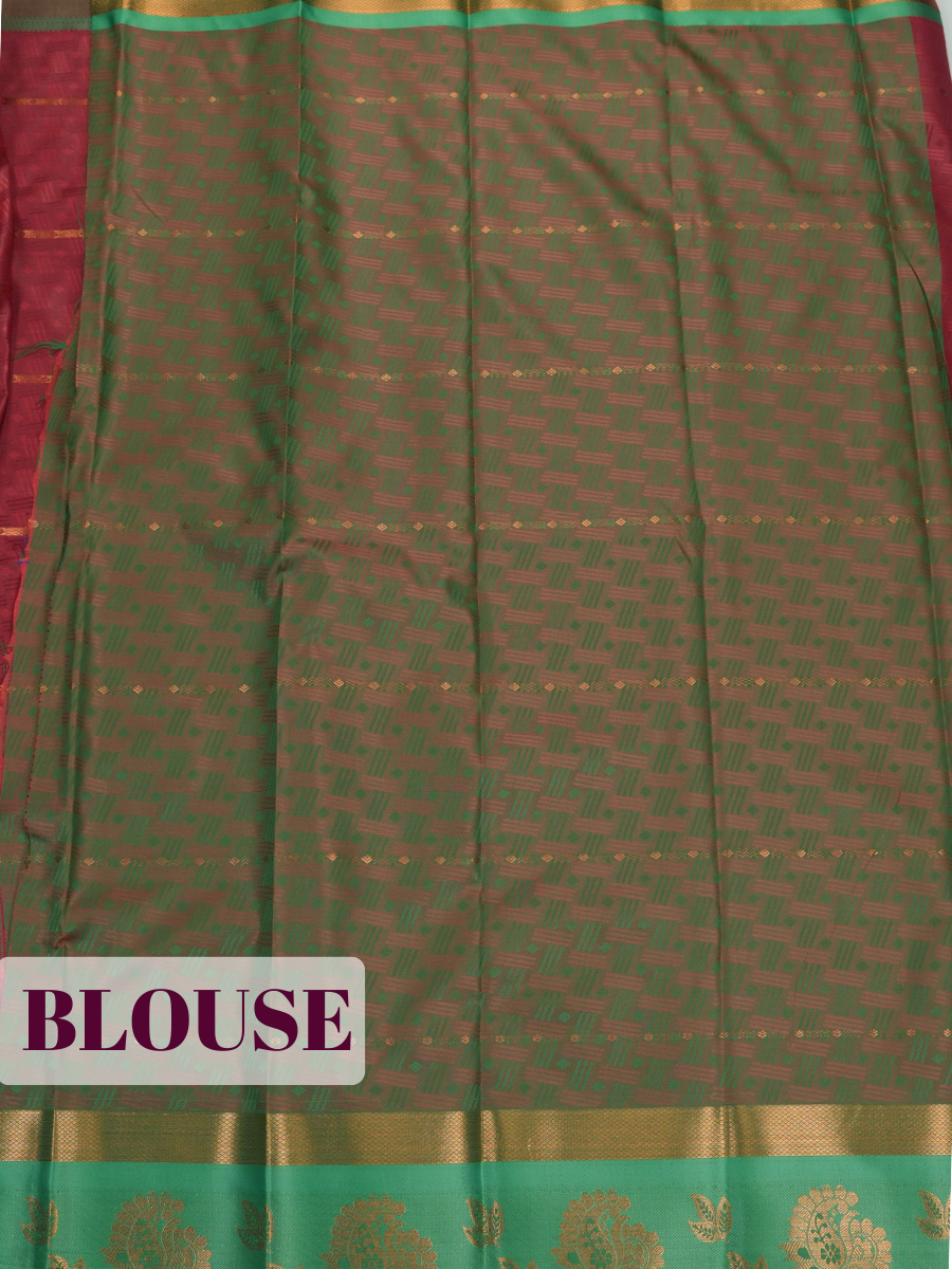 Red Silk Saree with Olive Green Pallu and Paisley Zari Border