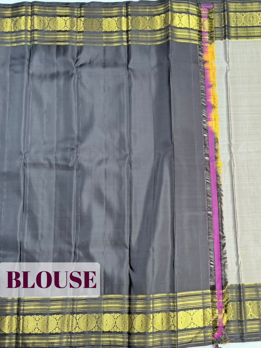 Grey Silk Saree with Black Floral Zari Border