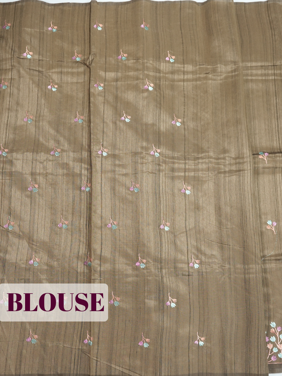 Dark Brown Semi Tussar Saree with Floral bud with dense embroidery