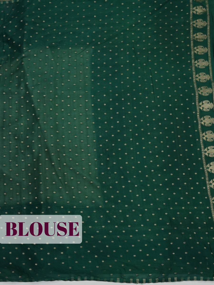 White Semi Georgette Saree with Green Gold Zari Border