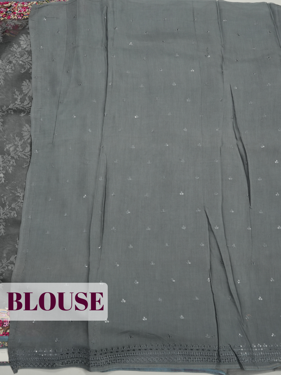 Grey Organza Saree with Kashmiri Floral Embroidered Border
