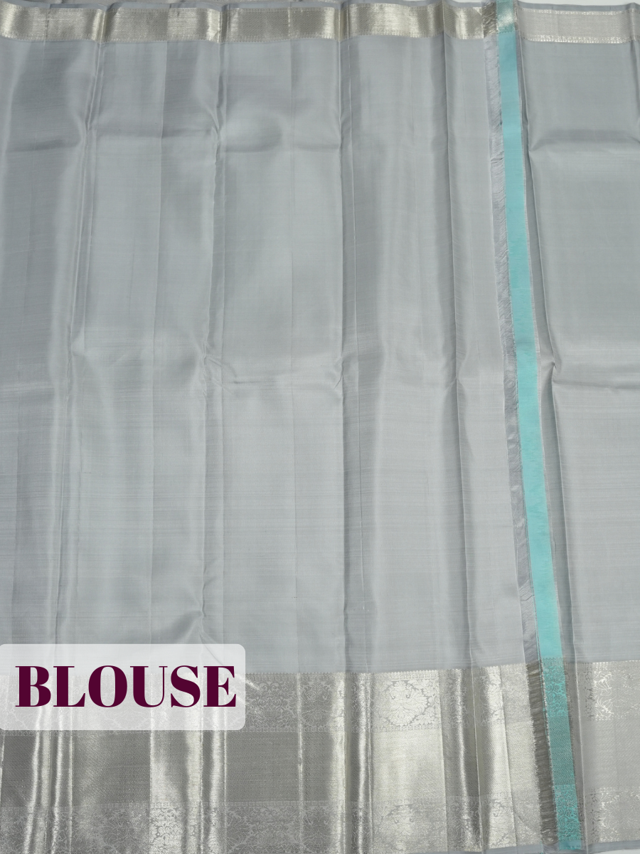 Silver Kanchipuram Saree with Floral Vine and Ornamental Zari Border
