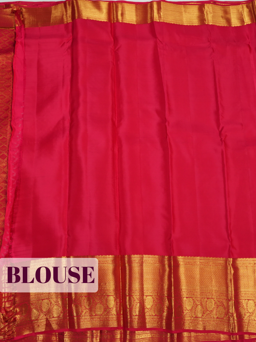 Red Kanchipuram Saree with Peacock and Geometric Zari Border