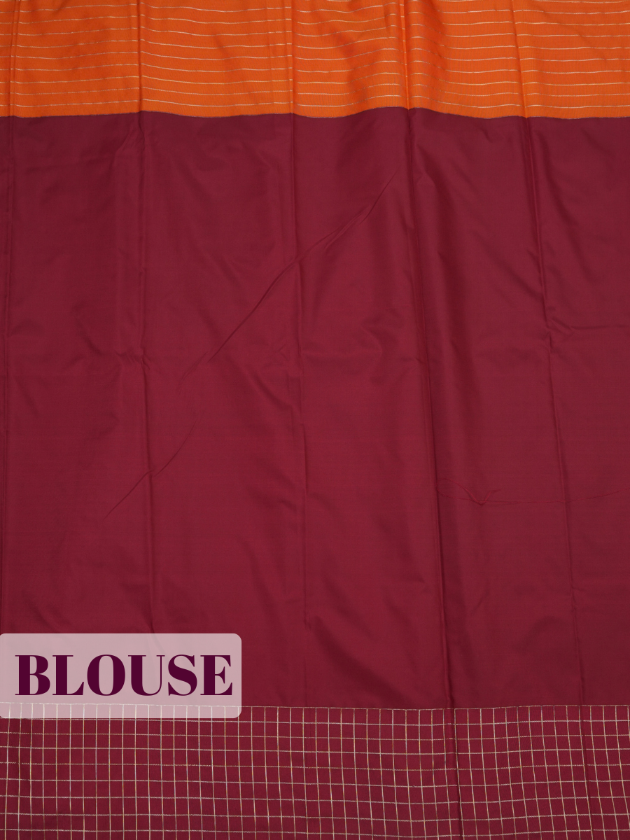 Royal Purple Bangalore Silk Saree with Maroon Checked Panel, Orange Contrast Border and Rich Gold Zari Pallu
