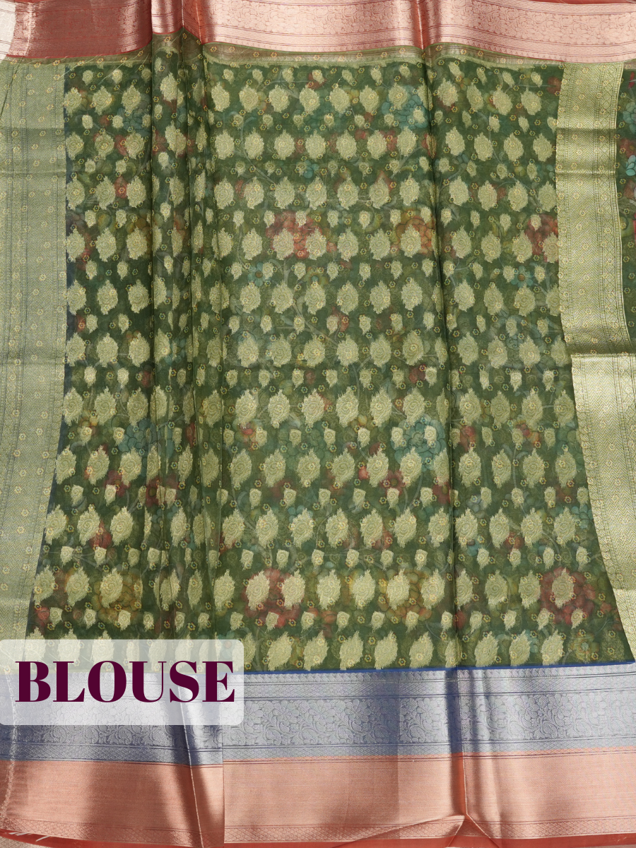 Green Semi Organza Saree with Dual tone zari with metallic lower plane
