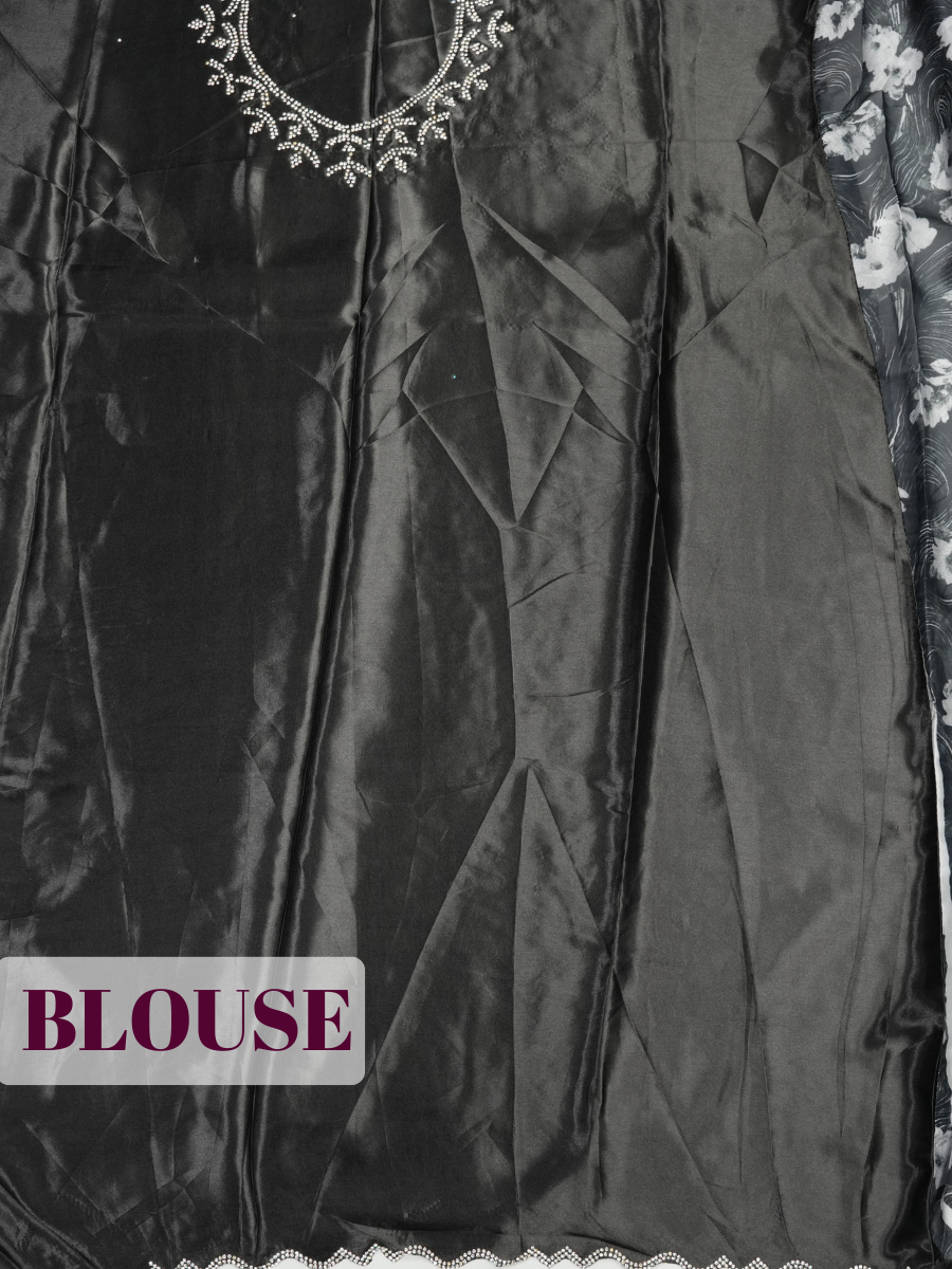 Black Satin Fancy Saree with Modern Ikat and Bold Leaf Print