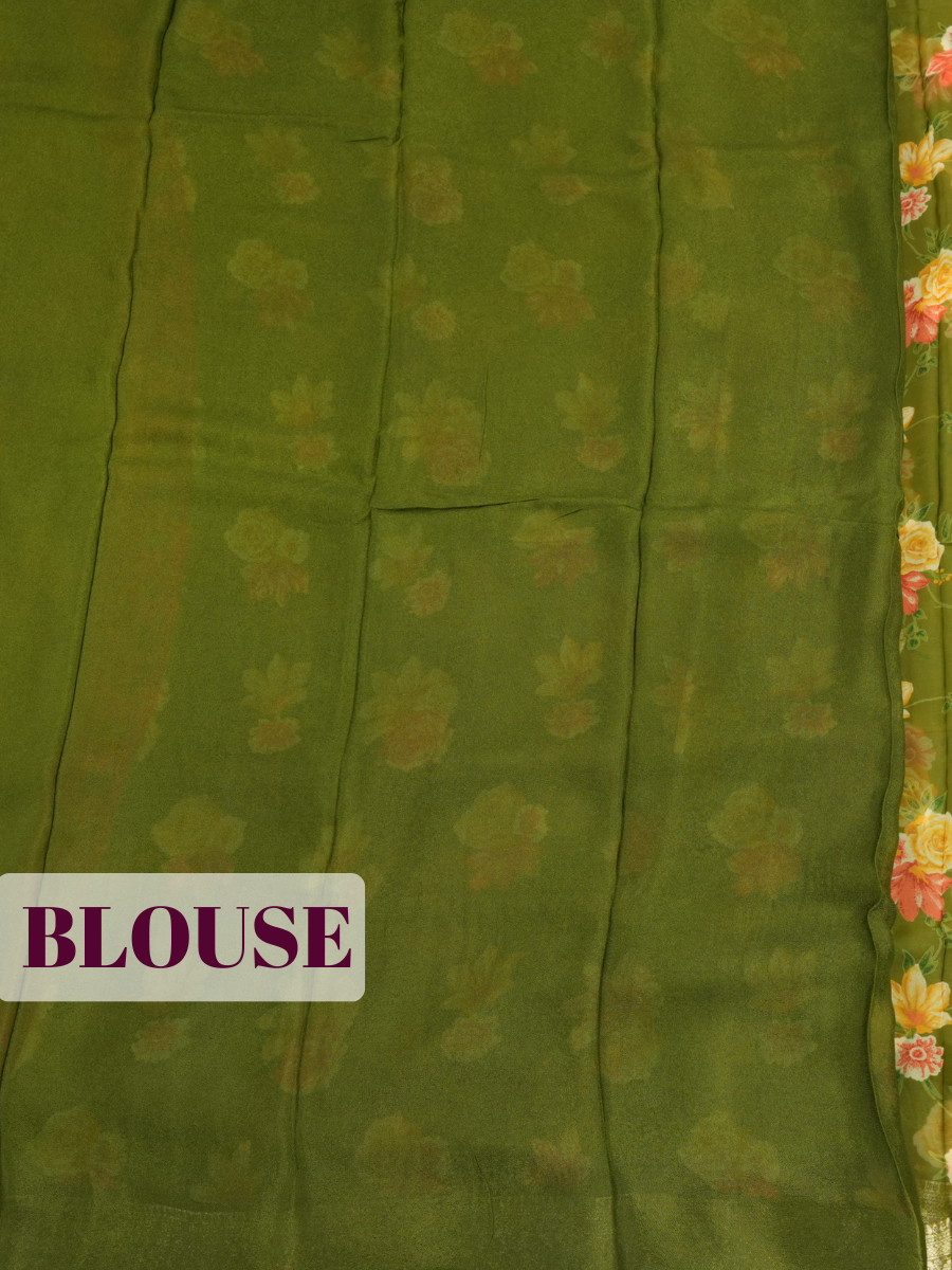Mehendi Green Semi Chiffon Saree with Traditional Floral Border