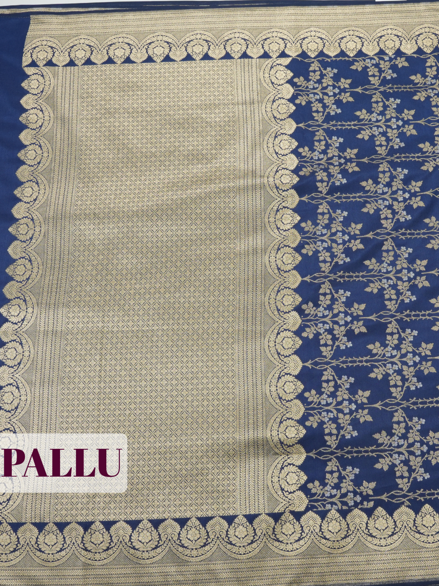 Blue Banarasi Soft Silk Saree with Floral Damask Border